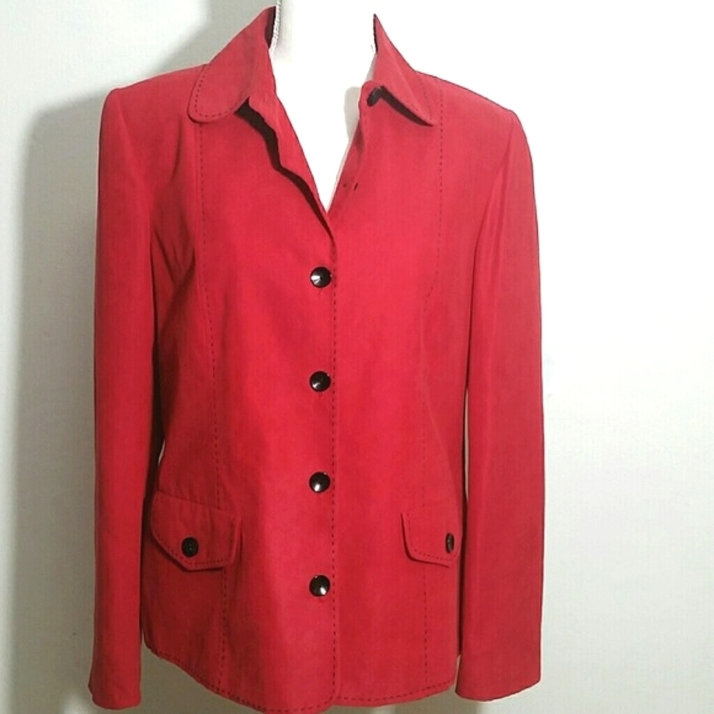 Alfred Dunner Red Micro Suede Blazer Jacket Size 8 Classic Office Workwear